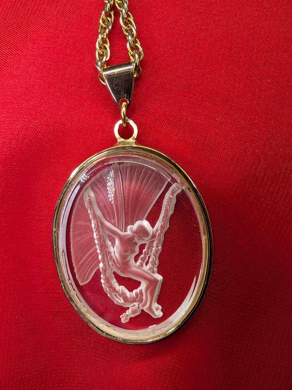 Vintage Glass Fairy Swing Intaglio Pendant Necklace Winged Woman Gold Tone